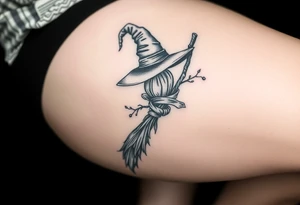 Which is broom with a witches hat with vines and feathers 
Smaller broom with hat placed on top or in the middle
Feminine and on a leg tattoo idea