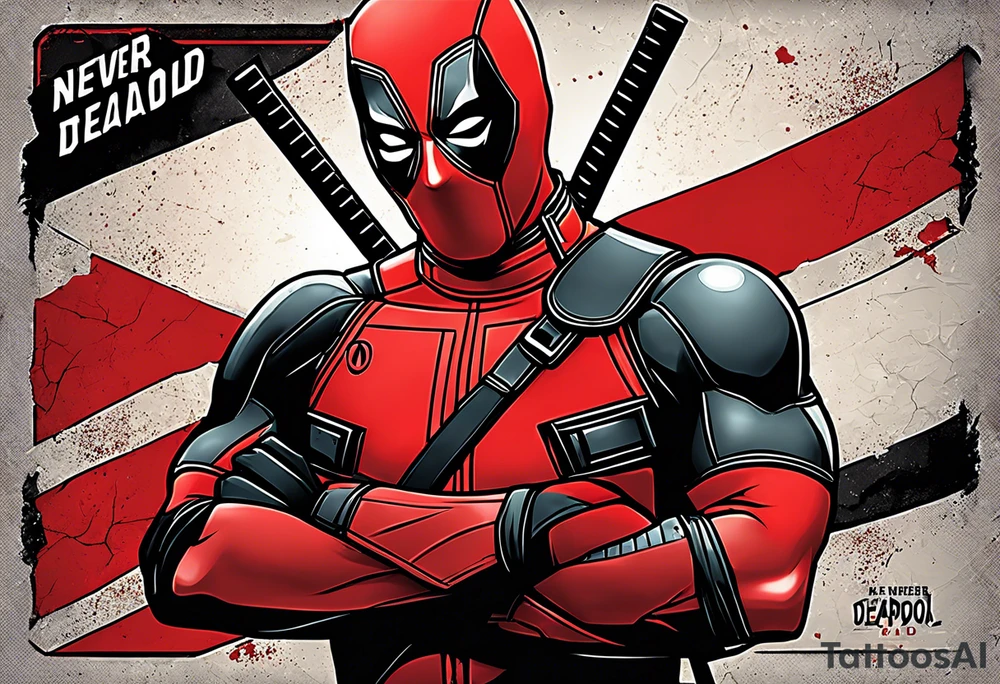 Banner with Text: A worn, dark banner wraps around Deadpool with the phrase "NEVER DEAD" in bold, cracked letters that give a strong and aggressive impression. The banner has small torn details, as if it’s been through rough conditions, with shading that adds depths. tattoo idea