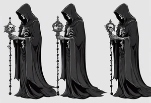The grim reaper standing from a side profile praying with a rosary wrapped around his hands from a far with skeleton hands back up tattoo idea