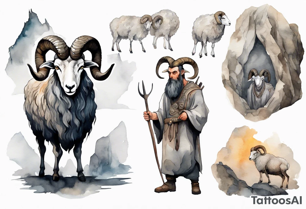 a solitary broad-shouldered man with the head of a big-horned sheep, wearing a grey tunic standing before a cave tattoo idea