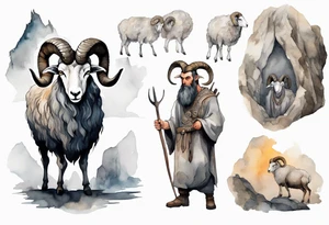 a solitary broad-shouldered man with the head of a big-horned sheep, wearing a grey tunic standing before a cave tattoo idea