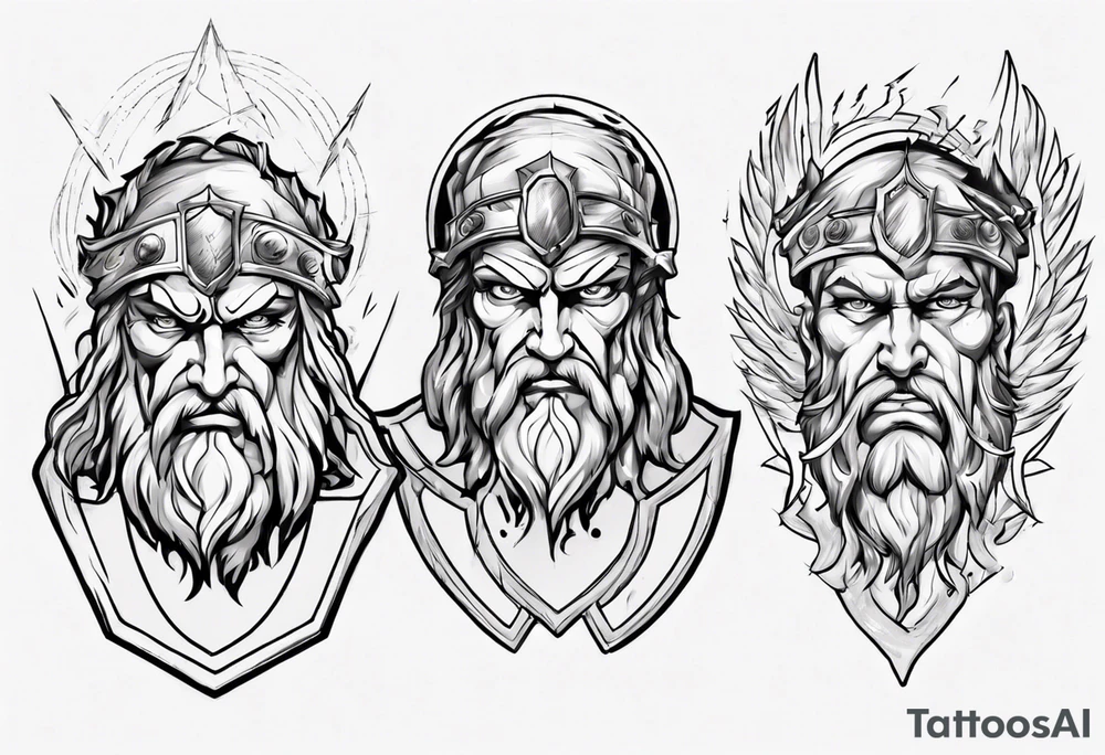 zeus with lightnings coming out of the eyes with spartan shield in background tattoo idea