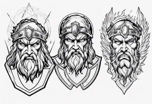 zeus with lightnings coming out of the eyes with spartan shield in background tattoo idea
