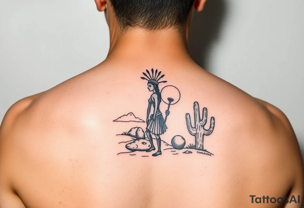 Kokopelli persona in desert scene with cactus and sun tattoo idea