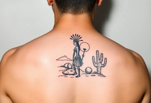 Kokopelli persona in desert scene with cactus and sun tattoo idea
