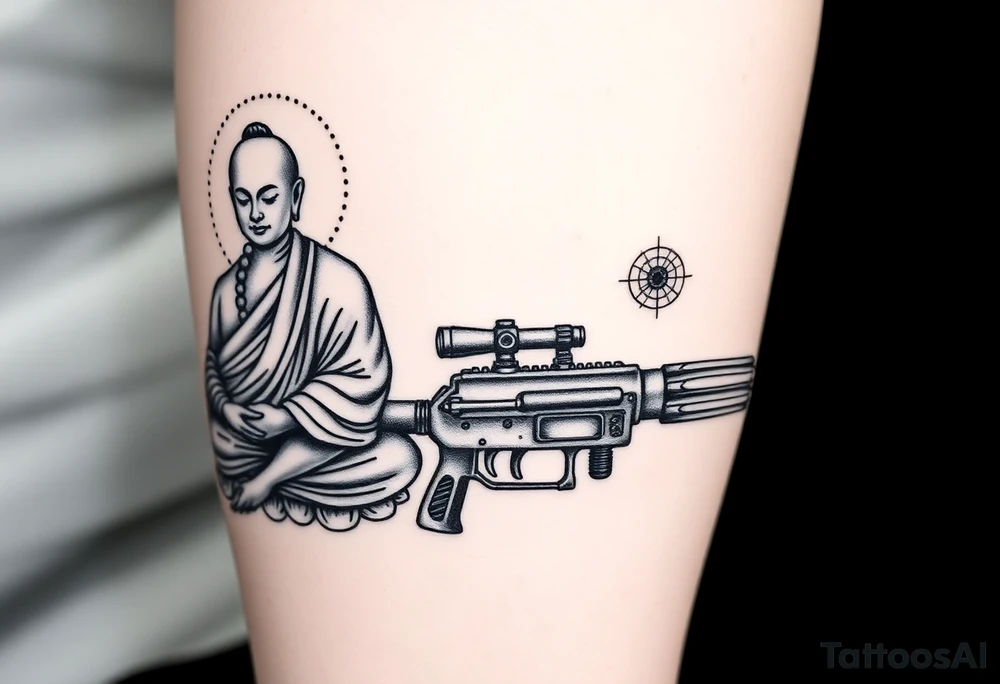 "Black ink tattoo fusing war and enlightenment:  
1. LEFT SIDE: Hyper-detailed Buddhist monk in lotus pose (dotwork shading)  
2. RIGHT SIDE: Maxim M1910 machine gun (geometric outline)  
3. TRANSITION ZONE:  
   - Monk's robes dissolve into bullet belts  
   - Prayer beads become ammunition links  
   - Third eye aligns with gun sights  

Key details:  
- Mirror embedded in gun's scope (reflects wearer's eye)  
- Micro-text along barrel: *"Пустота стреляет"* (0.3mm font)  
- Mandala-shaped muzzle flash  

Style: Neo-tribal meets ukiyo-e. Size: 15cm forearm sleeve. No colors." tattoo idea