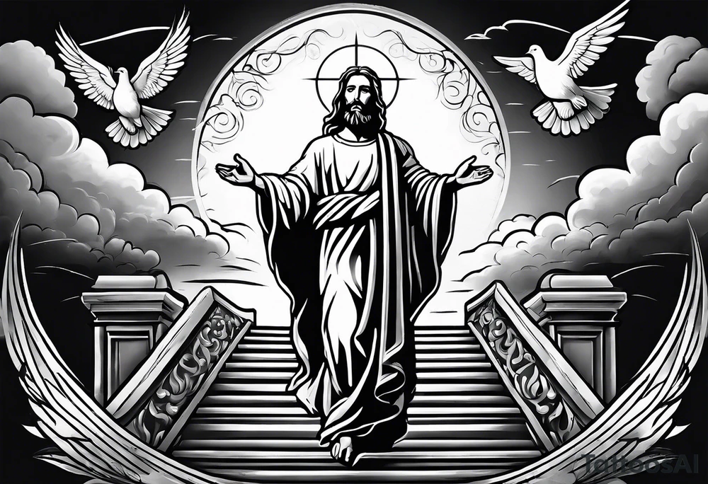 Jesus standing on a flight of stairs with clouds, sunshine and a dove in the background on the upper arm tattoo idea