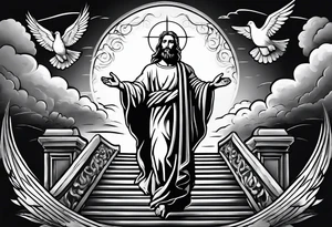 Jesus standing on a flight of stairs with clouds, sunshine and a dove in the background on the upper arm tattoo idea