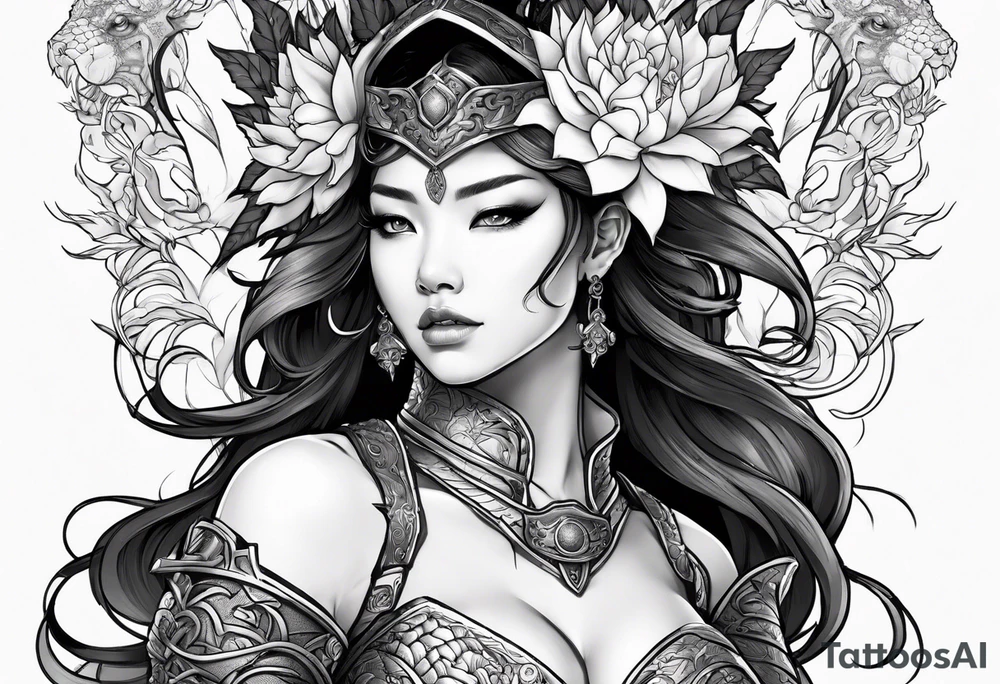 beautiful warrior woman wearing dragon armor and a floral background and a dragon a full picture tattoo idea