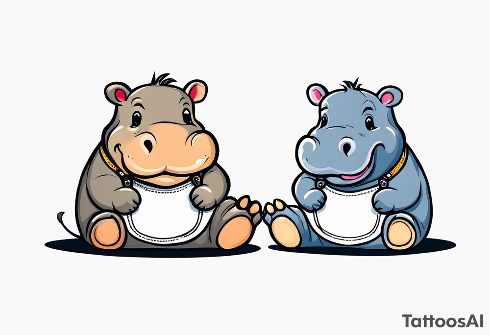Baby hippo wearing a overalls and holding up his middle finger tattoo idea