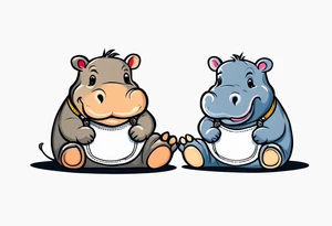 Baby hippo wearing a overalls and holding up his middle finger tattoo idea