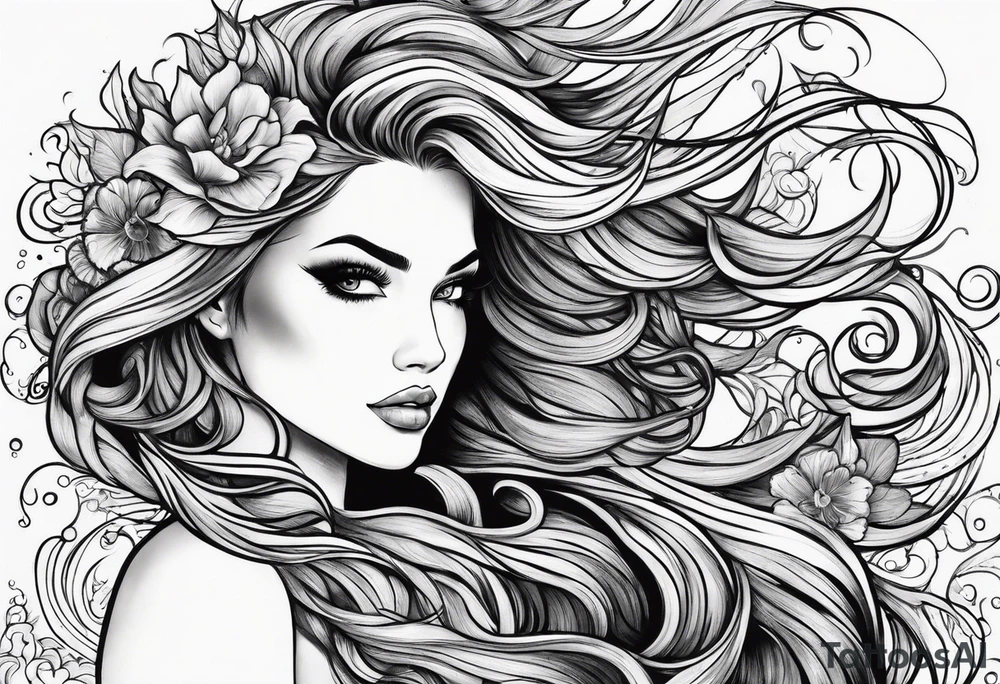 Wildly flowing mermaid hair tattoo idea