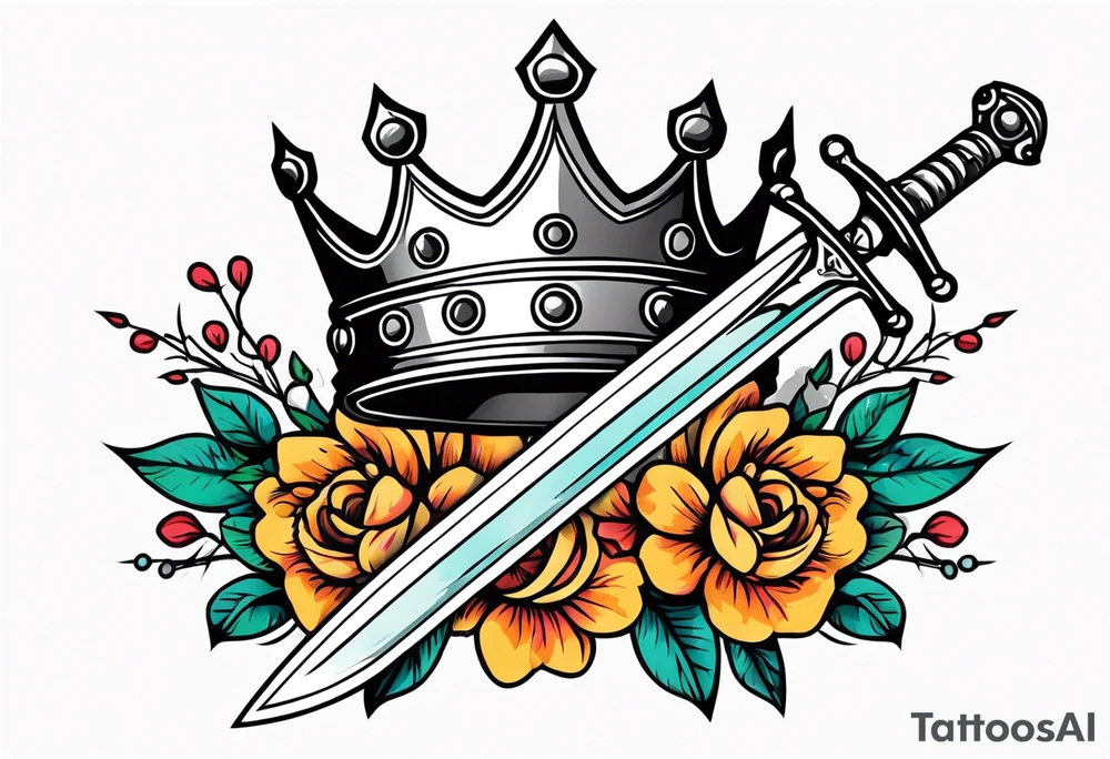 sword traditonal vintage tattoo crown colorful with flowers tattoo idea