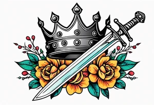 sword traditonal vintage tattoo crown colorful with flowers tattoo idea