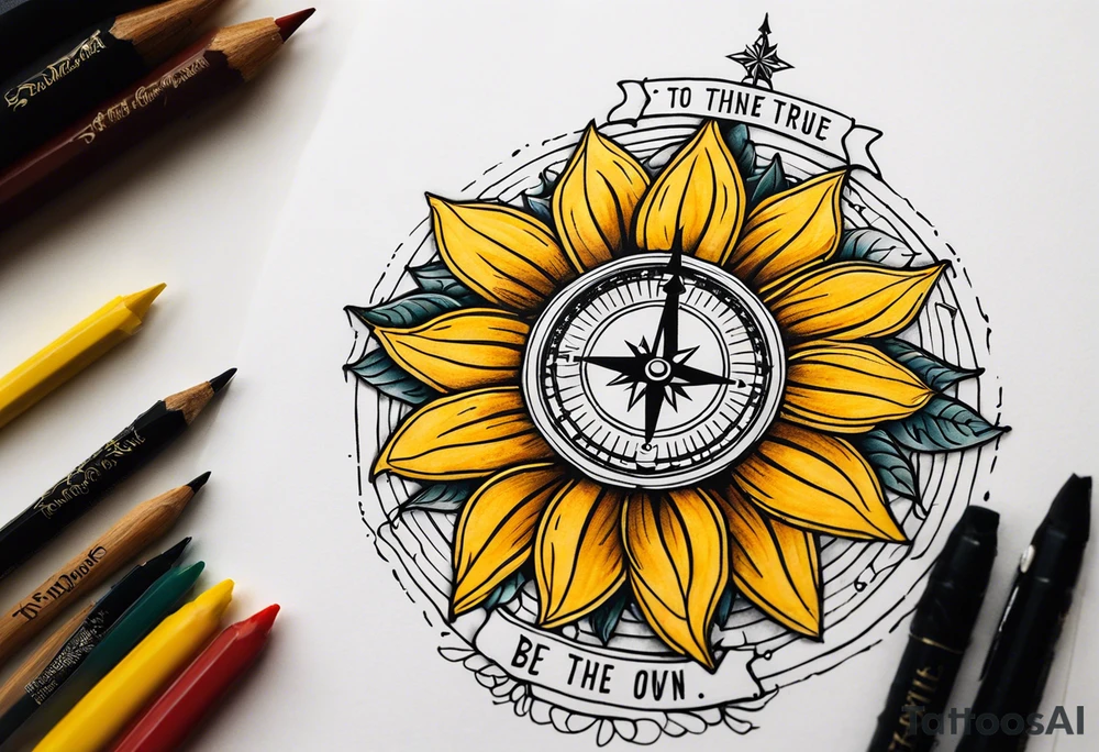Sunflower and a compass, with the words "To Thine Own Self Be True" tattoo idea