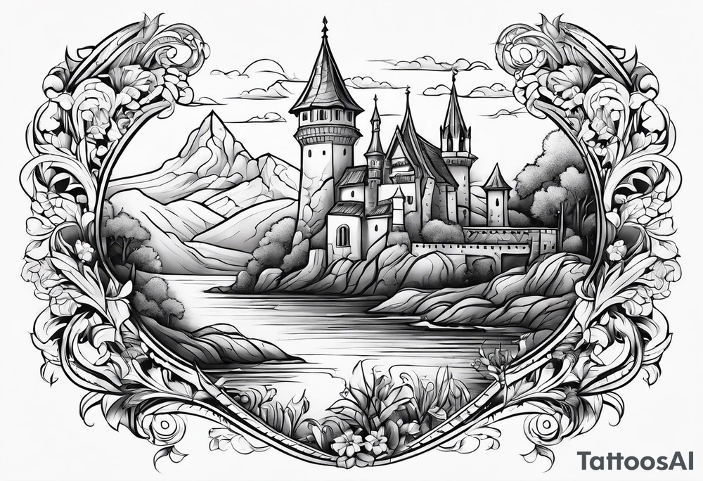 medieval tribal city 
floral  land  vignette tattoo idea