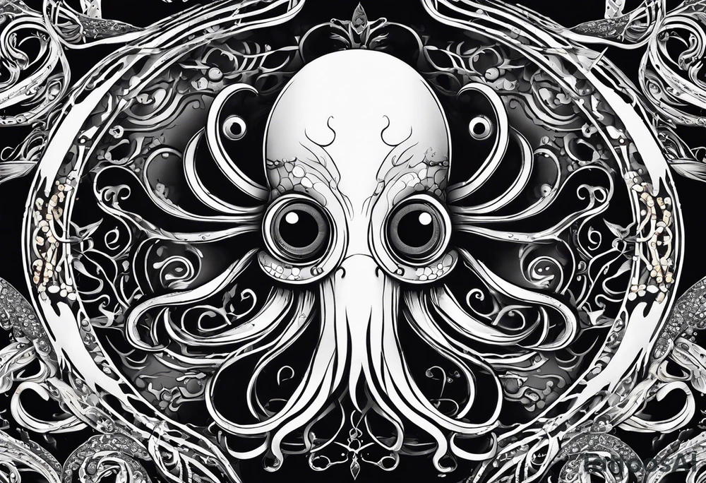 The equivalent of a horror and bizarre squid avatar. twisting and intersecting lines, making it look very wild and chaotic. The eyes of the squid are particularly prominent, one of them is white and the other is black, the overall expression is crazy and intense, with some distressed or damaged texture effects. tattoo idea