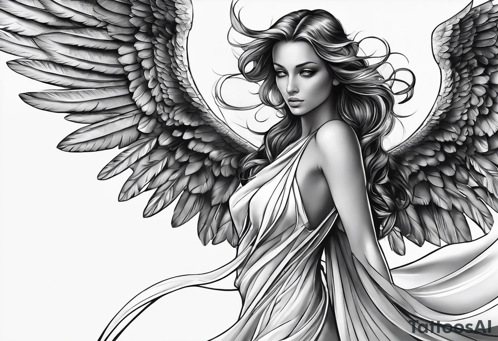 angel woman with big wings, full body, flying on the sky, looking right side , we  can see right profile tattoo idea