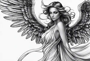 angel woman with big wings, full body, flying on the sky, looking right side , we  can see right profile tattoo idea