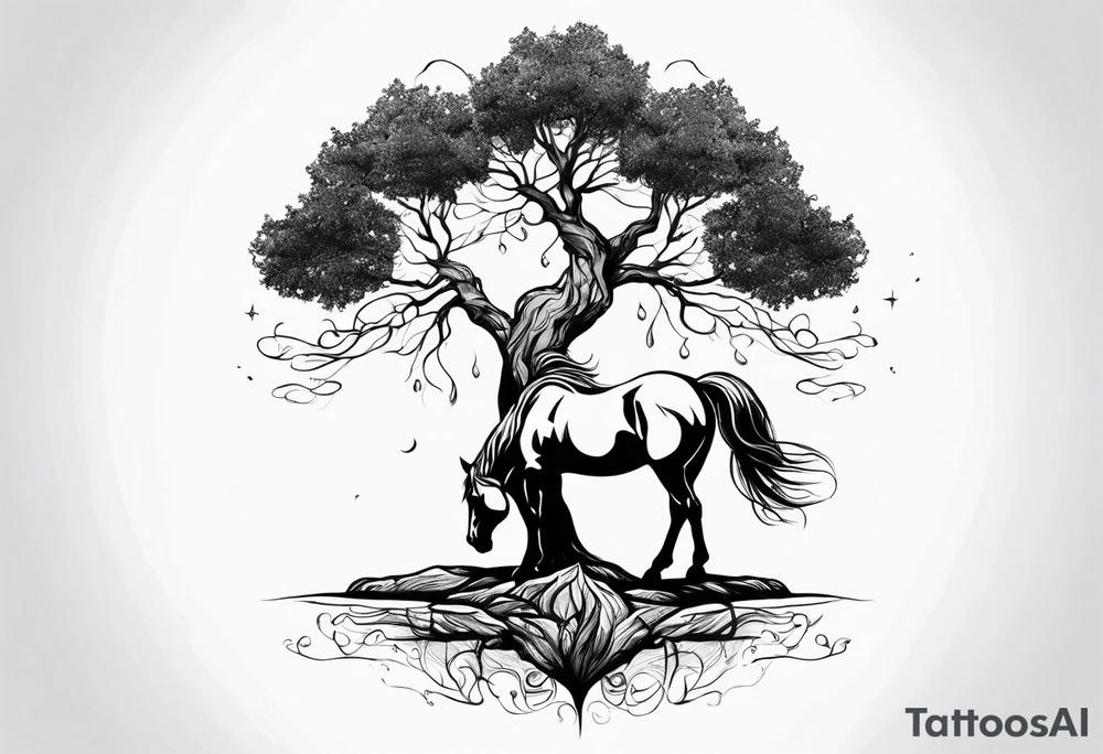 Realistic Horse and Yggdrasil tree tattoo idea