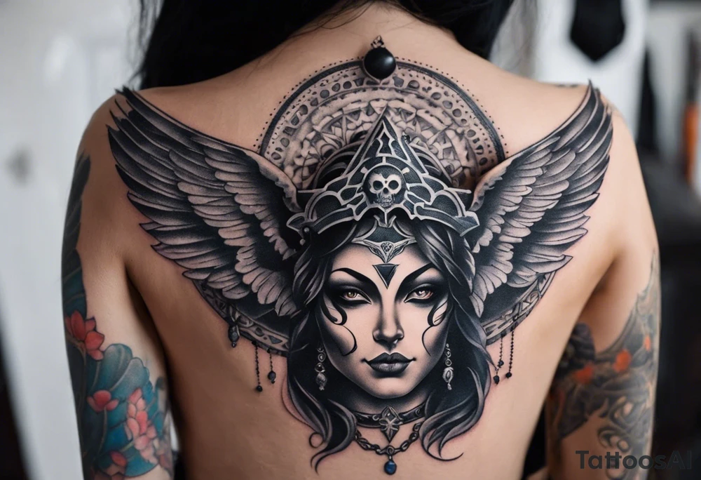black kali, goddess pirate, alien, angel, pachamama, valkrye, warrior, flying, skull, lotus azul, wing, eagle, zenza resonance, stars, 5D, anahata chakra, death, durga, riding on a tiger, flying lady, chest tatoo tattoo idea