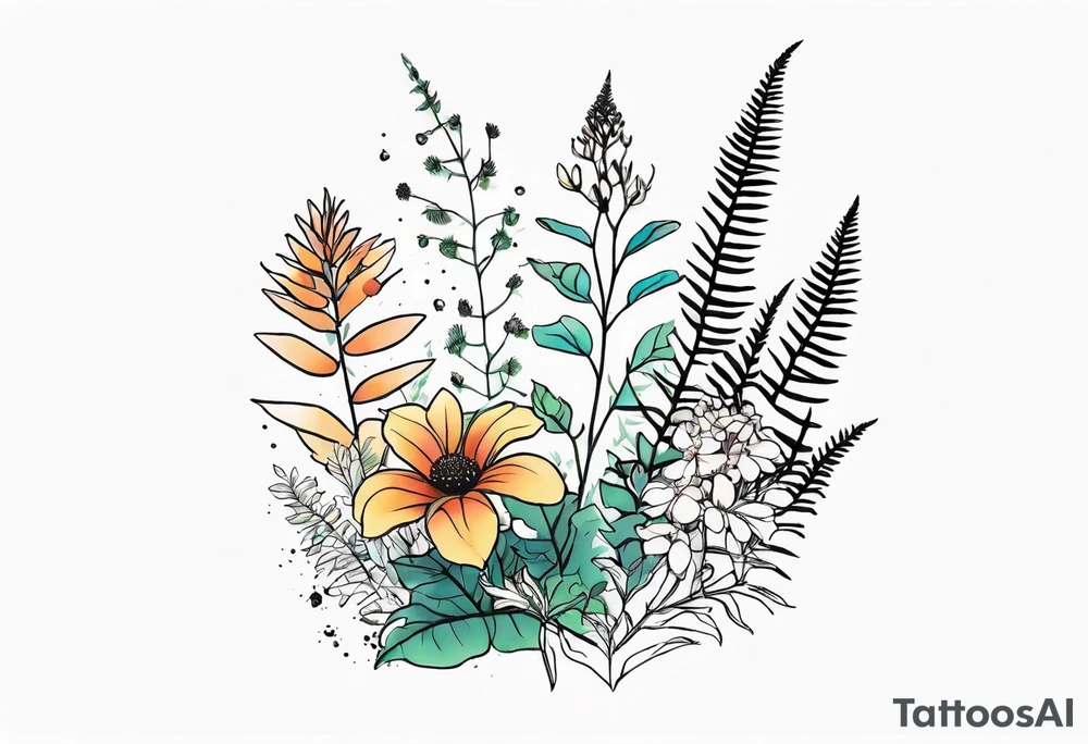 vertical mixed wildflower with ferns and with light color tattoo idea