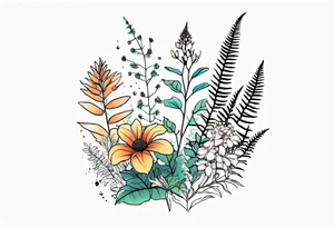 vertical mixed wildflower with ferns and with light color tattoo idea