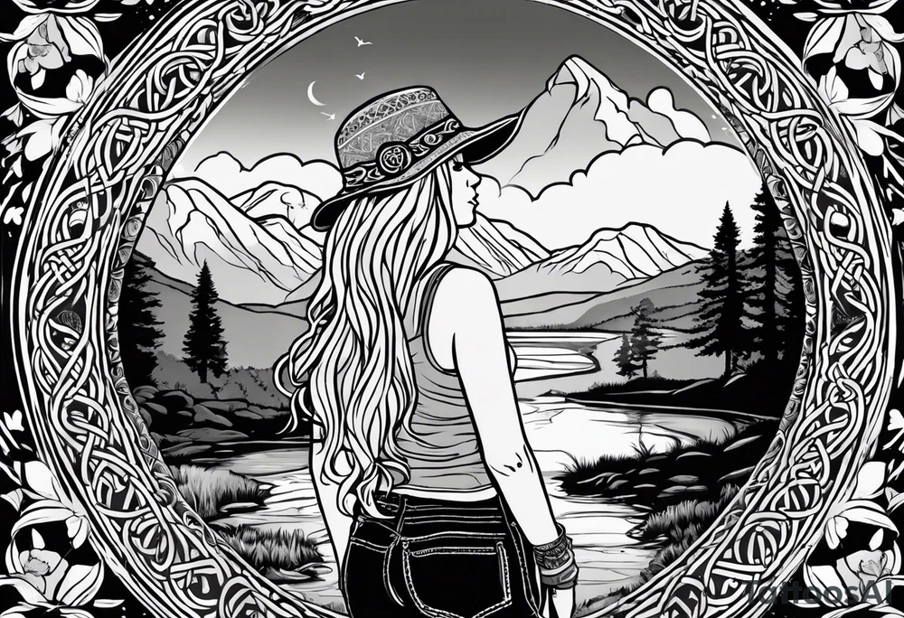 Whole picture encircled fully

Straight long blonde hair hippie girl in distance holding mushrooms in hand facing away toward mountains and creek surrounded by mushrooms long sleeve shirt and hiking pants; whole rendering within a full celtic circle border, no cut off circle tattoo idea