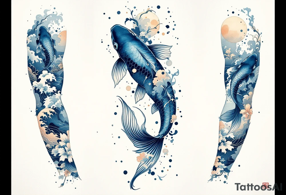 Dark Blue Koi with Wave Sleeve – A powerful dark blue koi swimming through stylized Hokusai-style wave patterns, perfect for a full-arm tattoo. tattoo idea