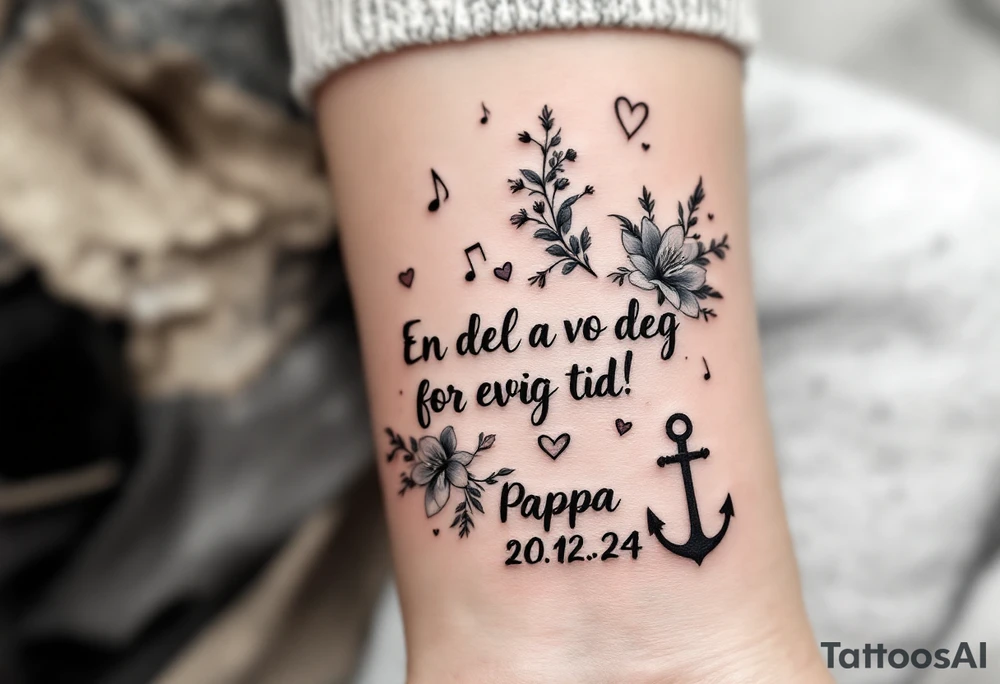 make a quote saying "En del av deg for evig tid! 
Pappa 20.12.24"
Surrounded by delicate long blossom gladious, music notes, hearts and an anchor on the lower right side tattoo idea