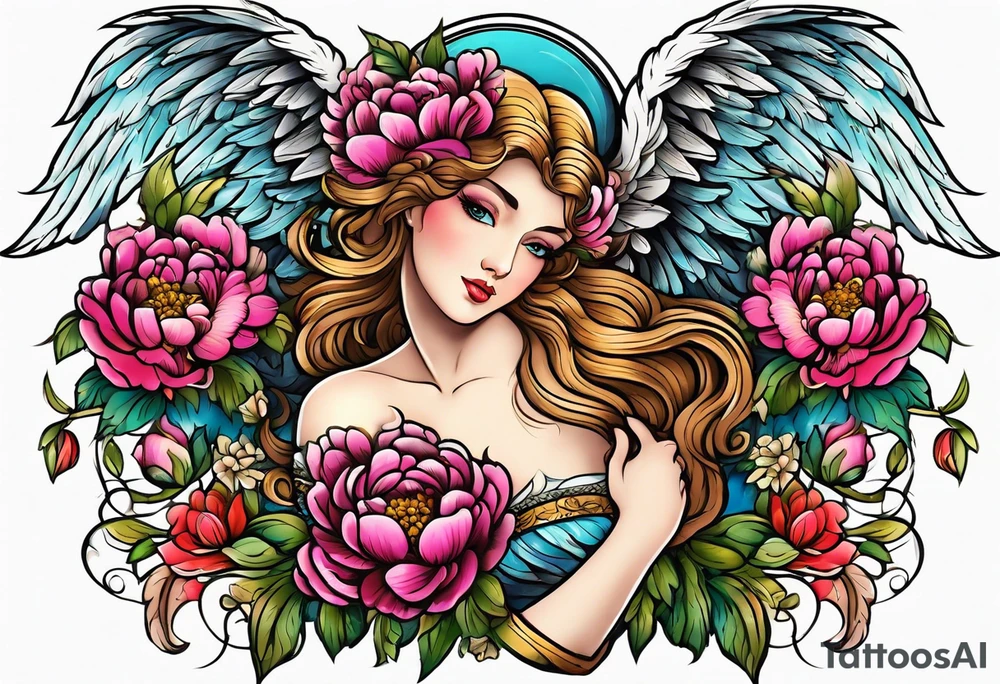 beautiful angel wings with colorful, peonies. beautiful flilligree in the background , full color, traditional old school , white background tattoo idea
