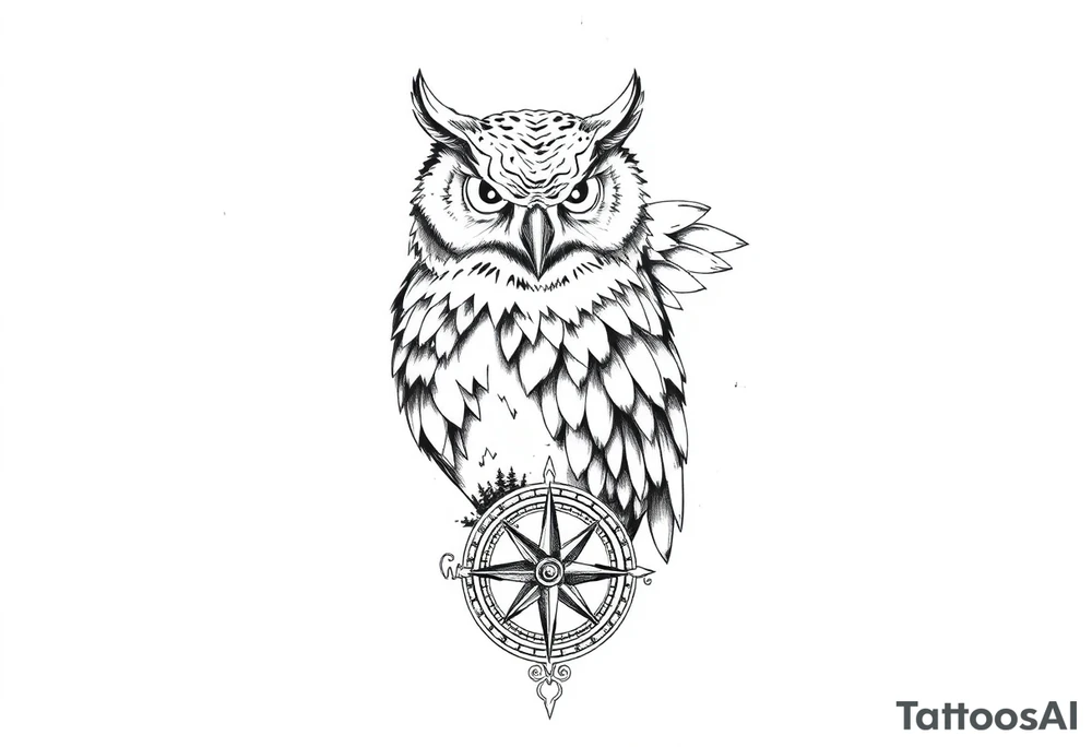an owl,a compass,landscape. tattoo idea