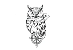 an owl,a compass,landscape. tattoo idea