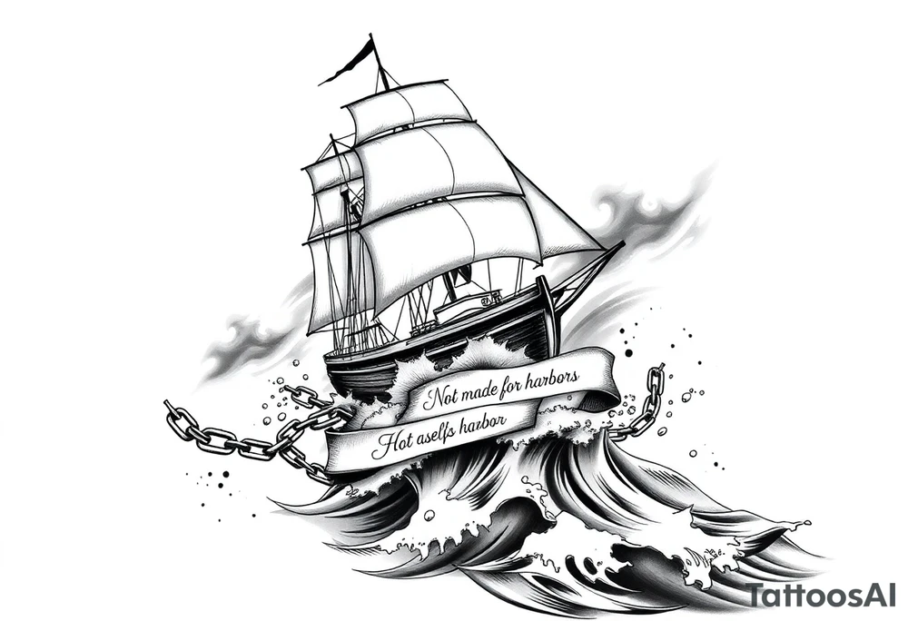 Ships are safest in harbor, but that’s not where built for. Modern take might or no sails. Ocean with volcanoes. 2. **Harbor Chains** – Broken beneath the ship’s hull, symbolizing leaving safety behind.  
3. **Waves** – Calm near the harbor (smooth lines), stormy ahead (jagged, dark shading).  
4. **Light Contrast** – A beam of light (or lighthouse glow) cutting through the storm, guiding the ship.  
5. **Subtle Text** – *"Not made for harbors"* in small, elegant script along a banner or wave. tattoo idea