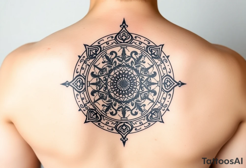 A sacred Thai Sak Yant tattoo design, deeply spiritual, hand-poked style, intricate black linework with geometric patterns and mantras. Central motif: an Unalome spiral representing the spiritual path, symbolizing freedom from addictions, regrets, and negative behaviors. Around it, elements of the Gao Yord (nine spires) for protection, discipline, and mental clarity. Incorporate subtle imagery of flowing time (like a stylized hourglass or lotus petals falling) to remind that life is limited and must be lived fully. The design should radiate energy of self-concentration, inner strength, and detachment from comparison with others. Minimal shading, authentic Thai sak yant style, symmetrical and sacred, suitable for tattoo. tattoo idea