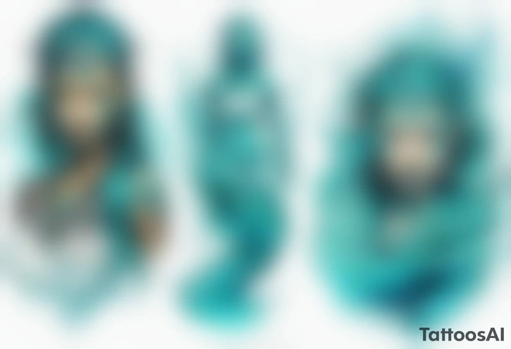 a turquoise Na'vi woman standing in the sea surrounded by crashing waves tattoo idea