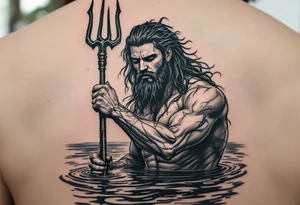 young, fit poseidon in calm water, holding a trident, holding a beer, with one eye closed tattoo idea