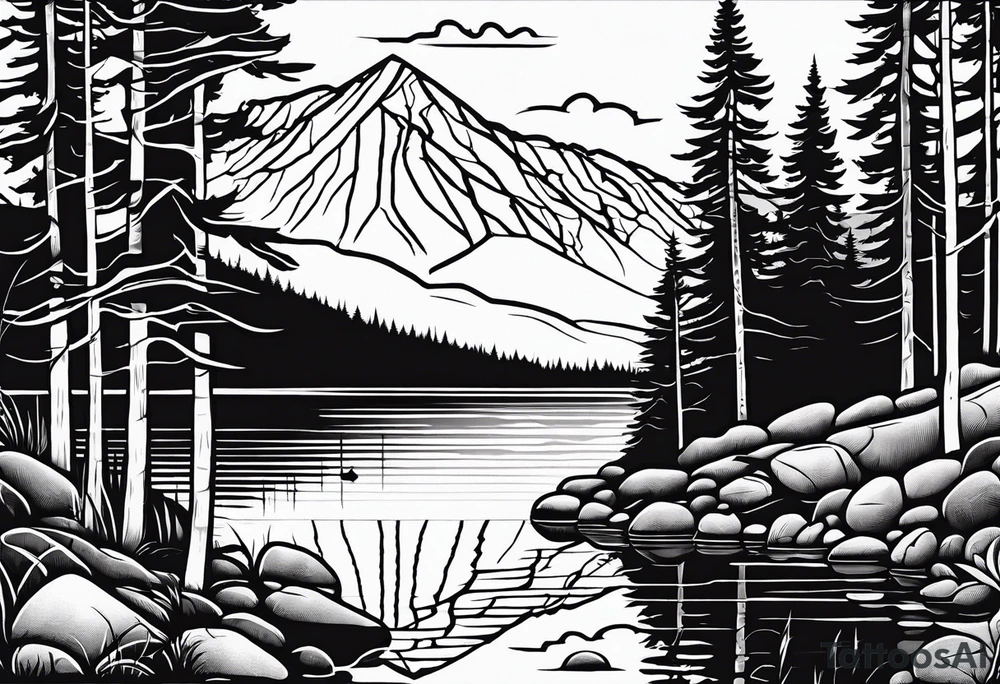 shoulder/upper arm design. pebble beach on a lakefront with a lake surrounded by tall trees and a mountain backdrop. Has reflections across the lakewater tattoo idea