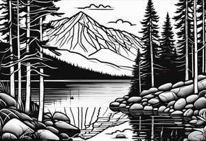 shoulder/upper arm design. pebble beach on a lakefront with a lake surrounded by tall trees and a mountain backdrop. Has reflections across the lakewater tattoo idea