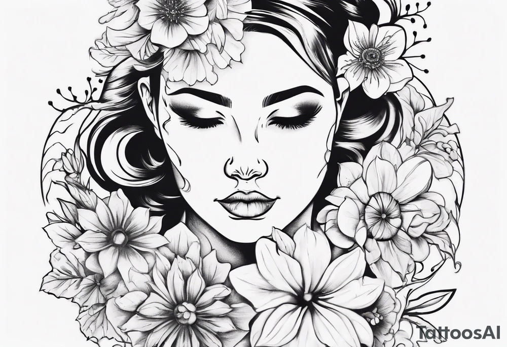 Face of an Norwegian curvy girl covered in flowers tattoo idea