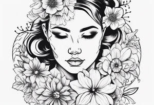 Face of an Norwegian curvy girl covered in flowers tattoo idea