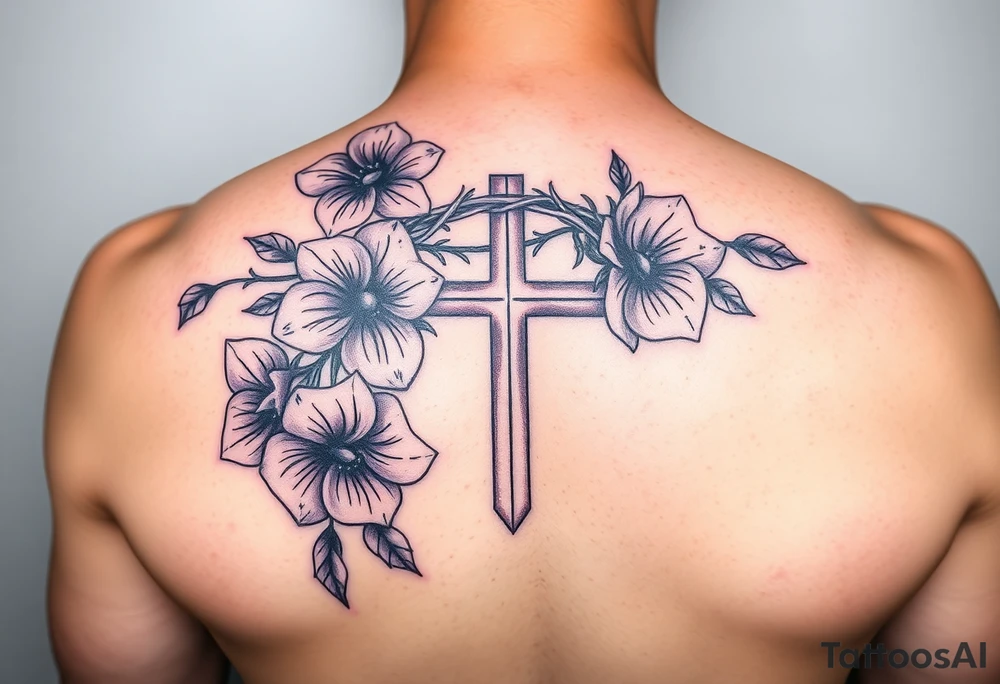 Purple flowers, cross with crown of thorns in tattoo idea