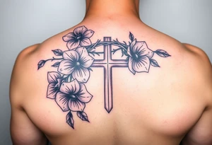 Purple flowers, cross with crown of thorns in tattoo idea