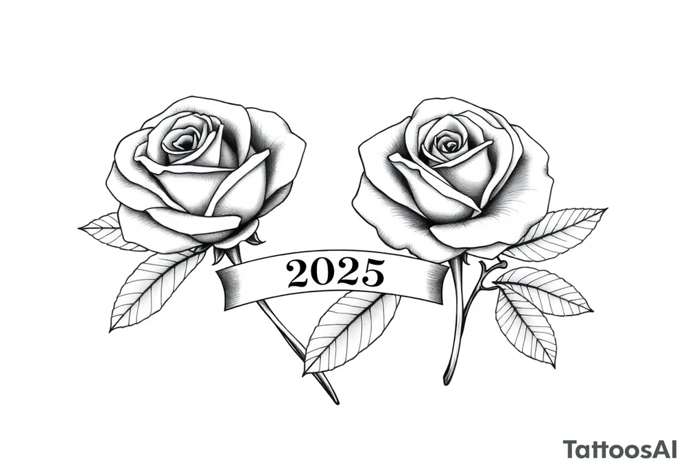 two beautiful large rose buds, one larger than the other, with lots and lots of leaves next to the rose buds, with one sitting slightly higher than the other, side-by-side.  Include a banner connecting the two roses with the year 2025 on it.   Use dark outlines with little shading. No stems tattoo idea