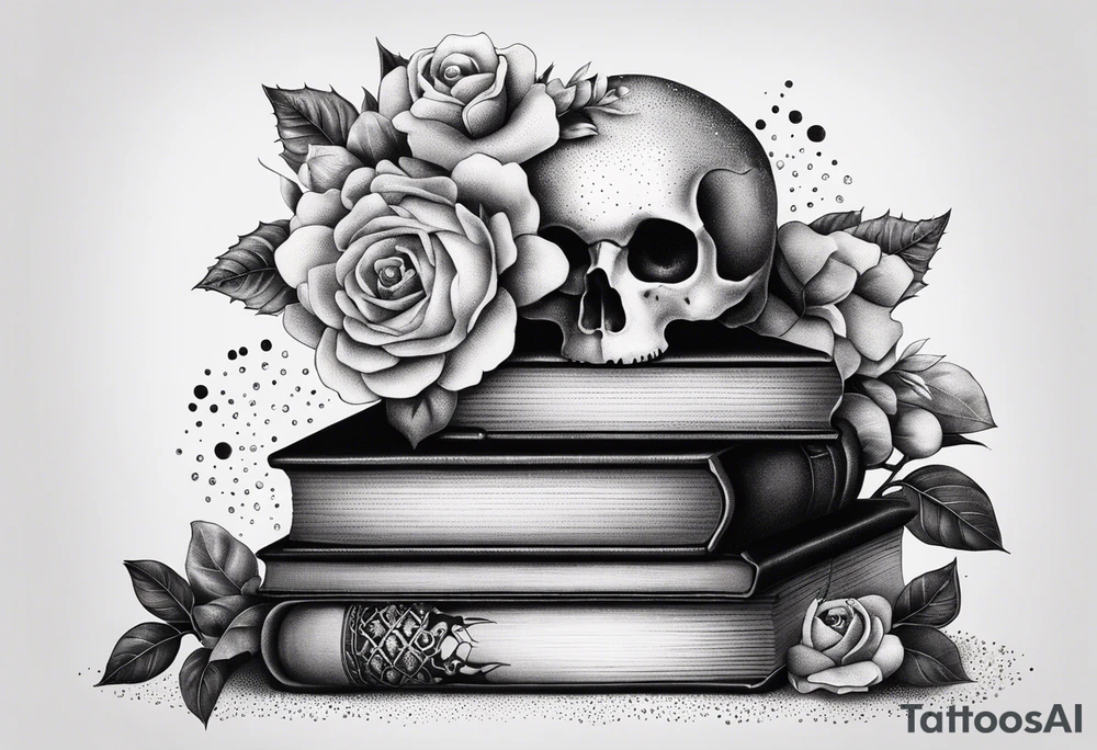 feminine tattoo of stacked books and flowers with a snake and skull tattoo idea
