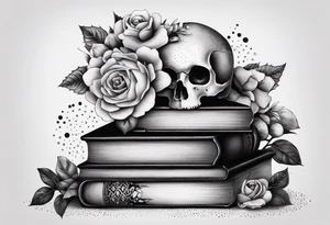 feminine tattoo of stacked books and flowers with a snake and skull tattoo idea