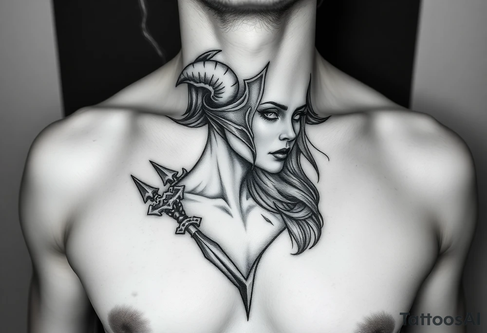 Feminine Tattoo dark female warrior with horns just barley touching collarbone with a lot of shading tattoo idea