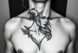 Feminine Tattoo dark female warrior with horns just barley touching collarbone with a lot of shading tattoo idea