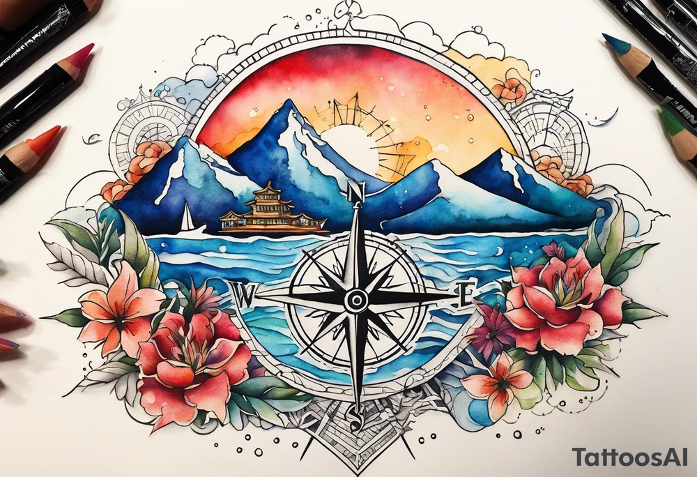 compass rose with beach, mountains, city scapes and European landmarks in and around it, spilled watercolor and tiny jet plane silhouette and a tiny ski boat in the water tattoo idea