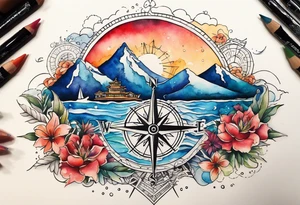 compass rose with beach, mountains, city scapes and European landmarks in and around it, spilled watercolor and tiny jet plane silhouette and a tiny ski boat in the water tattoo idea